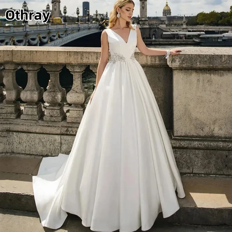 

Othray Satin A-line Lace Wedding Dress For Bride Sleeveless V-Neck Lace-Up Princess Gowns Sweep Train Vestido De Novia