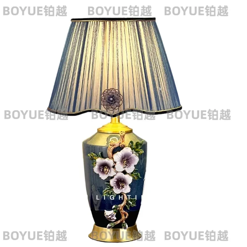 New Chinese Style All Copper Ceramic Enamel Table Lamp Creative Luxury Bedside Light for Bedroom Living Room Decor