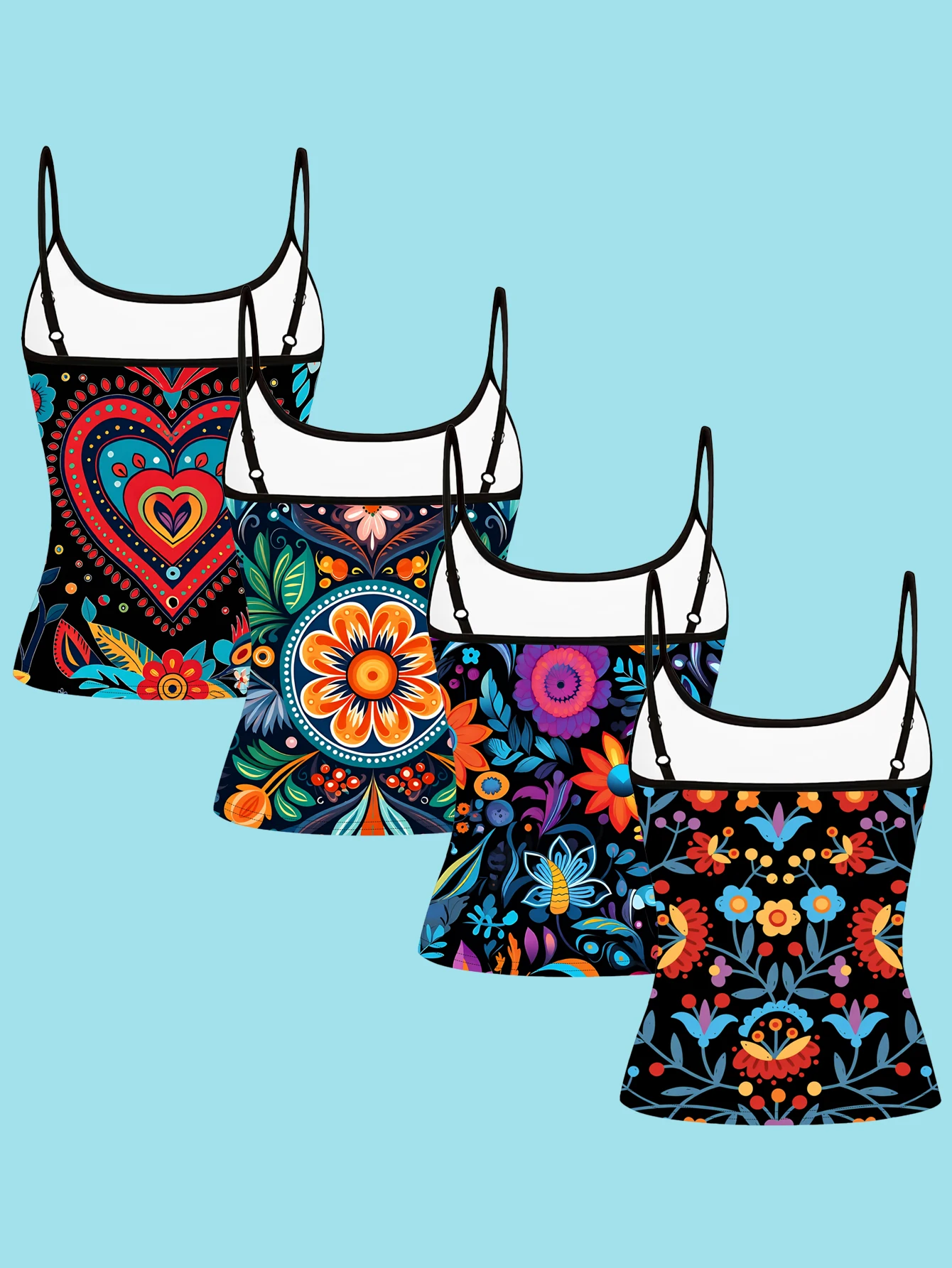 4-Piece Set of Black Mexican Folk-Style Floral Camisoles for Women, Ethnic Mandala Floral Slim-Fit Spaghetti Strap Tops