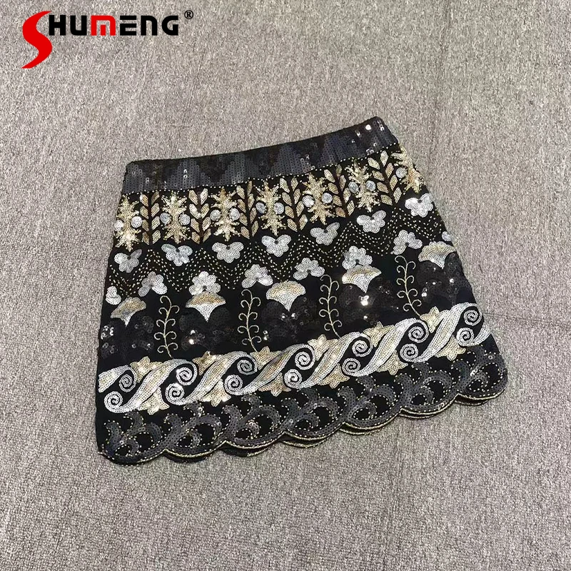 Women's Clothing Spring Summer New Luxury Heavy Work Sequined Skirt Elastic Waist Hip Skirt Popular White Black Short Skirts