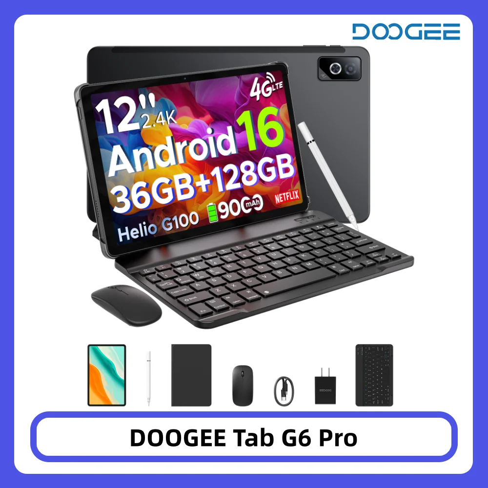DOOGEE Tab G6 Pro 2 in 1 Tablet PC Android 16 36GB 128GB Gemini AI 12" 2.4K 9000mAh Battery Helio G100 4G LTE Tablet Pad