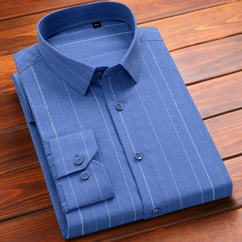 High Quality Bamboo Fiber Men's Shirt Long Sleeve Stretch Care-Free Striped Plaid  Comfortable Soft Business Casual Shirt