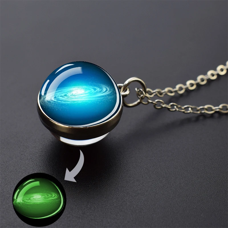 Glow In The Dark Galaxy Necklace Space Planet Pendant Universe Jewelry Solar System Nebula Glass  Ball Luminous Necklace