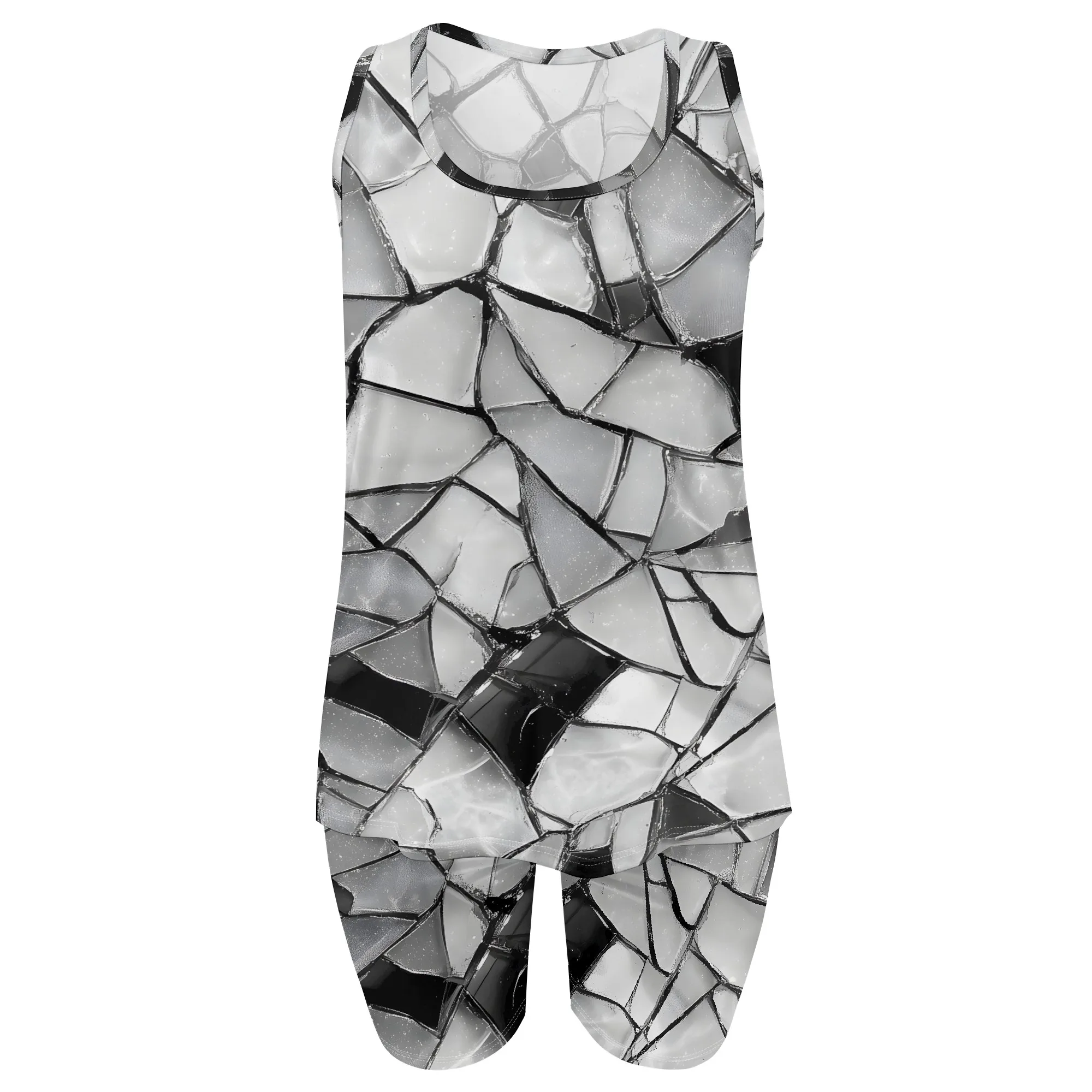 Fractured Mosaic Print Set, Sleeveless Top & Shorts, Monochrome Artistic Design, Casual Summer Wear for Women, S-2XL