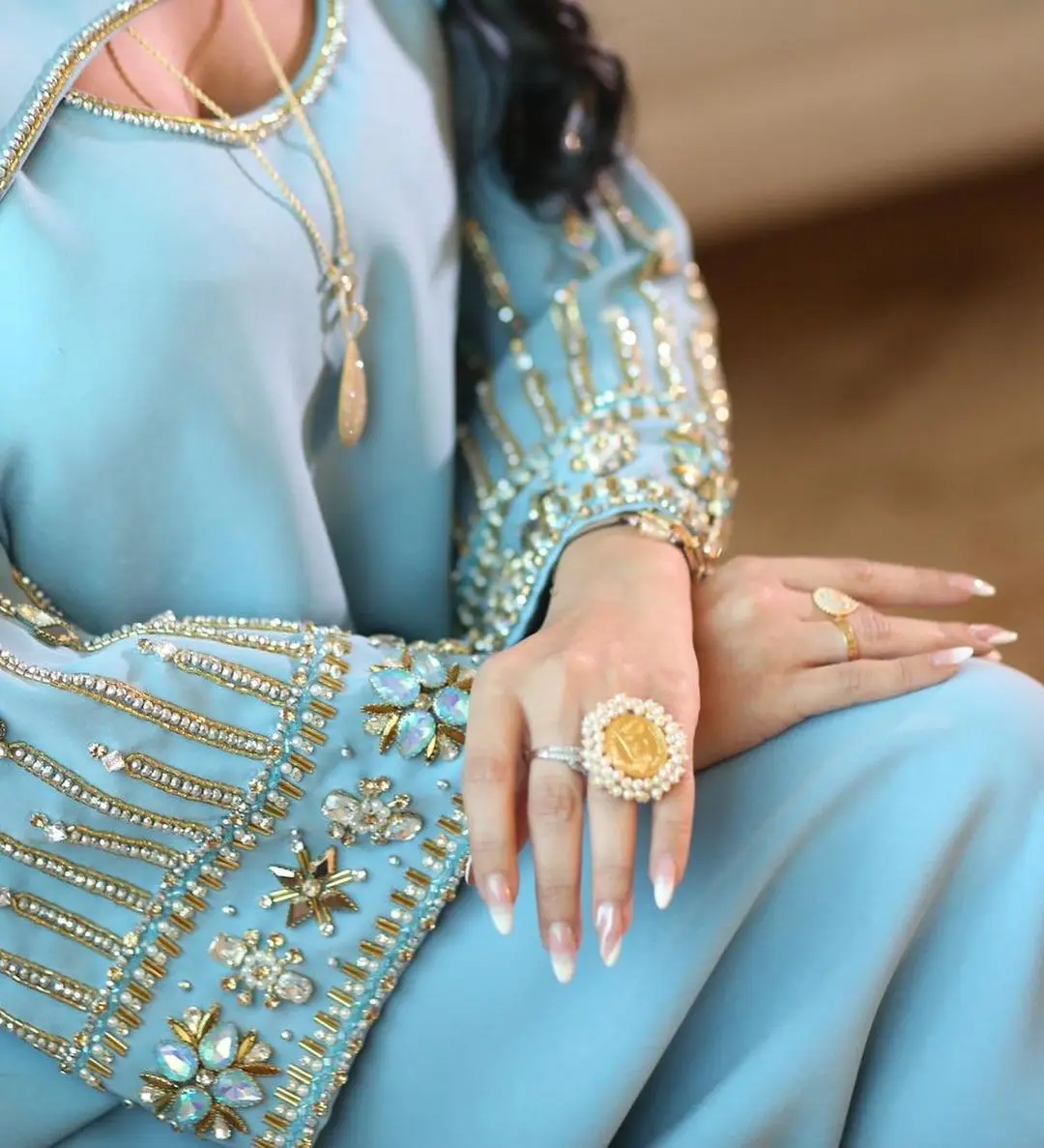 Vestidos de Noche de Arabia Saudita con hombros descubiertos, vestidos de graduación azules, mangas largas, longitud hasta el tobillo, vestido de fiesta Formal para ocasiones