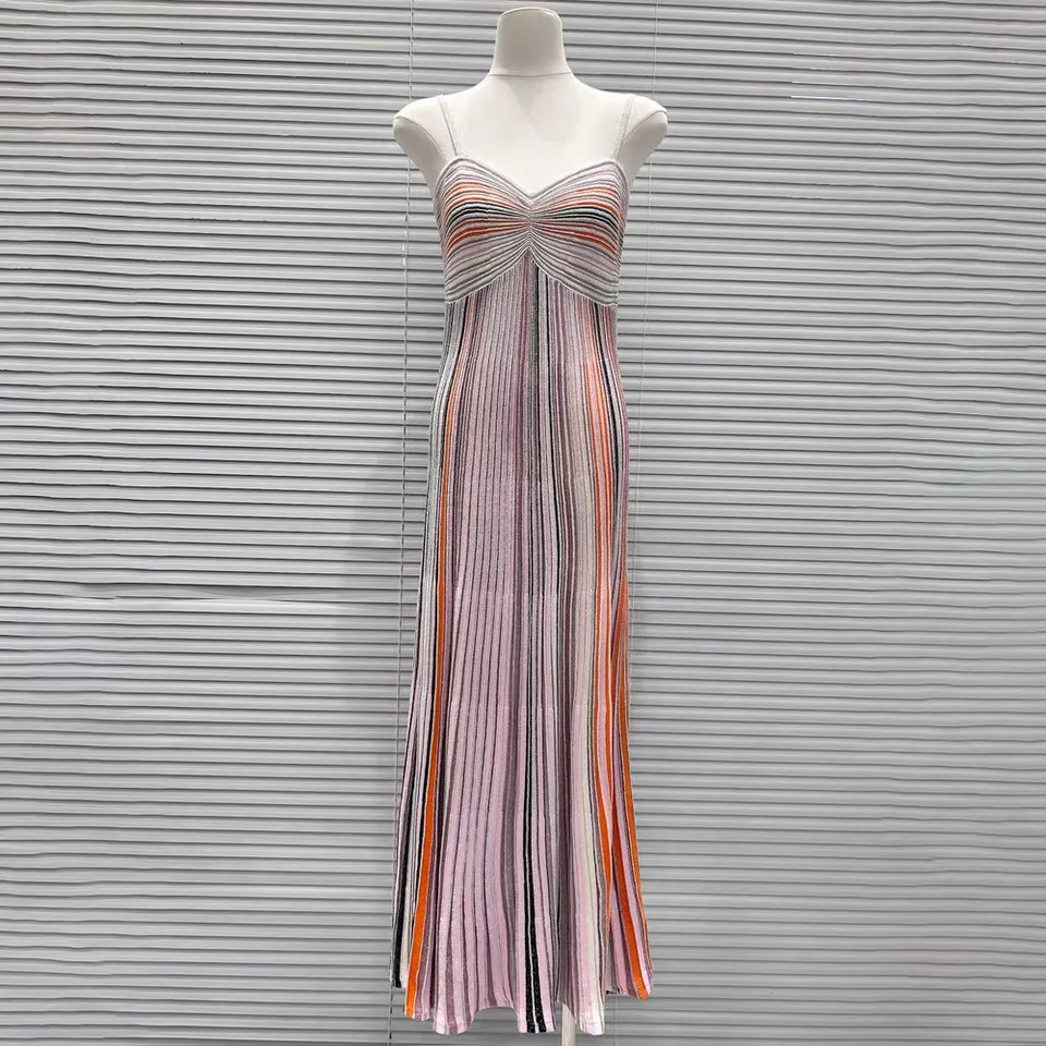 Kolorowa plisowana sukienka w paski w stylu wakacyjnym rozciągliwa, wąska, bez rękawów, wiązana na szyi sukienki damskie 2025 lato nowość