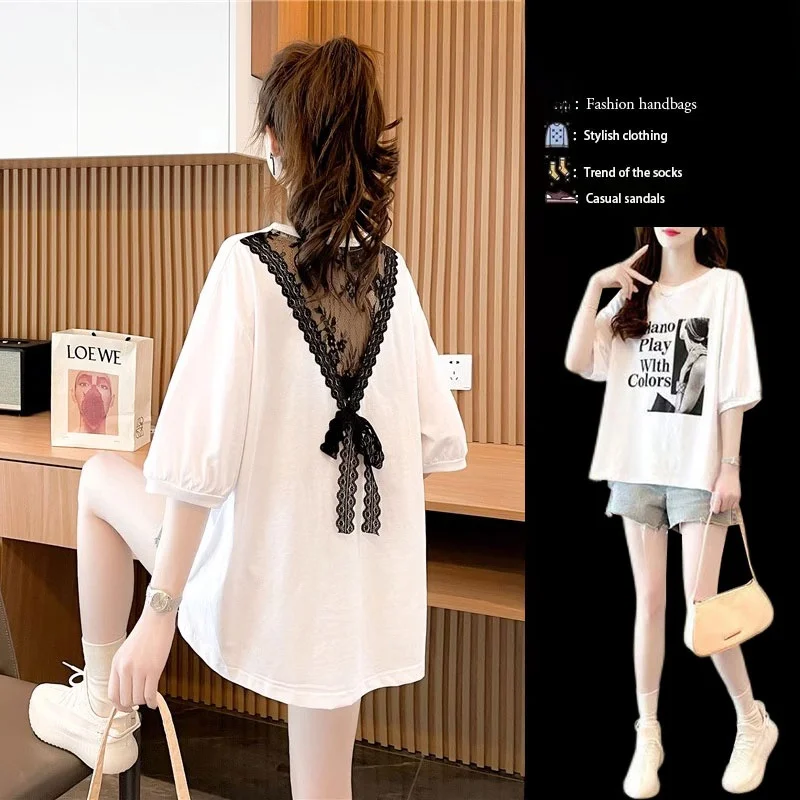 

Lace Splice Short Sleeve T-Shirt Women's Loose Casual Summer Top Design Sensation Cotton 100% Mid-Length Straight Body Type