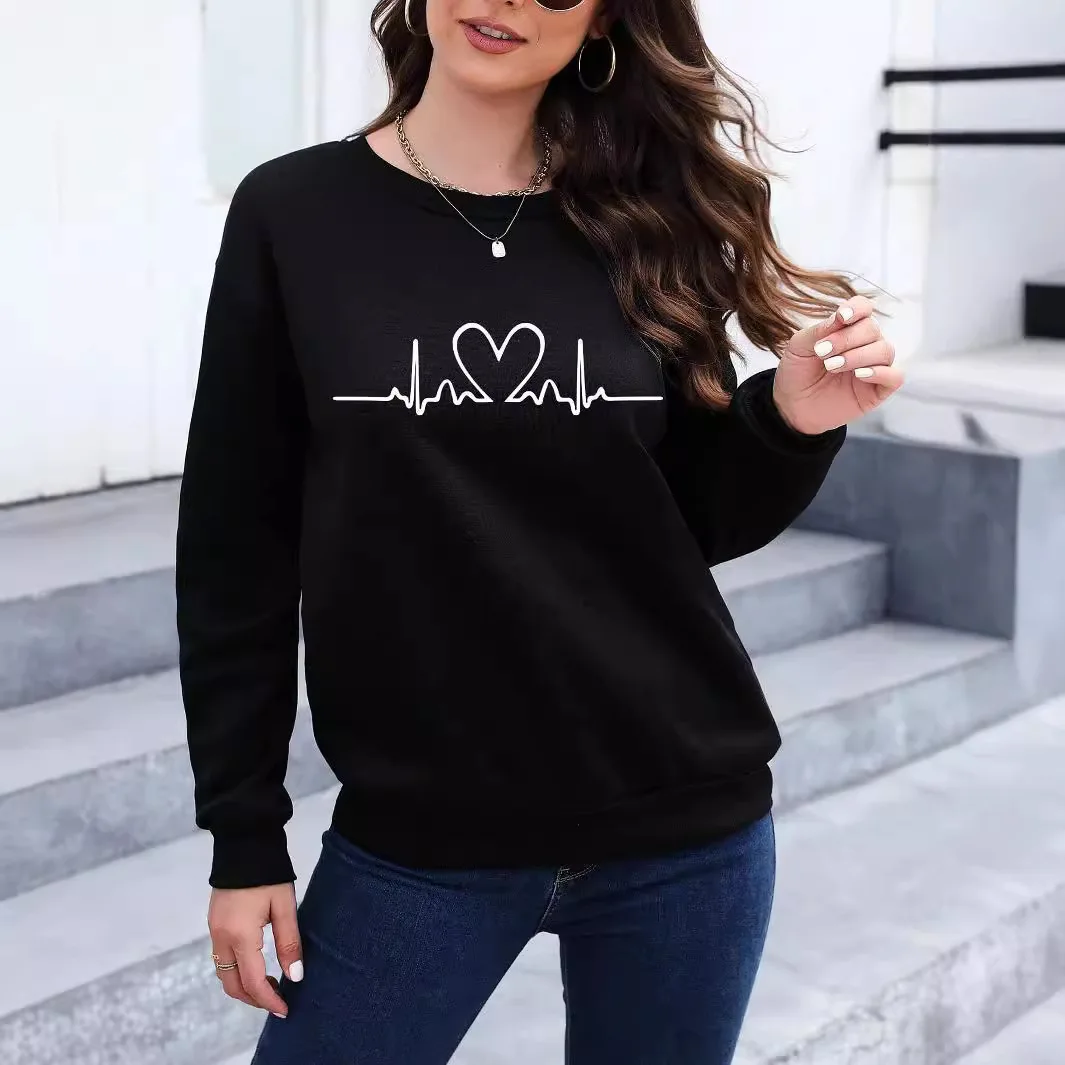 

2025 Women's Sports Solid Color Printed Round Neck Hoodie Fashion Trend