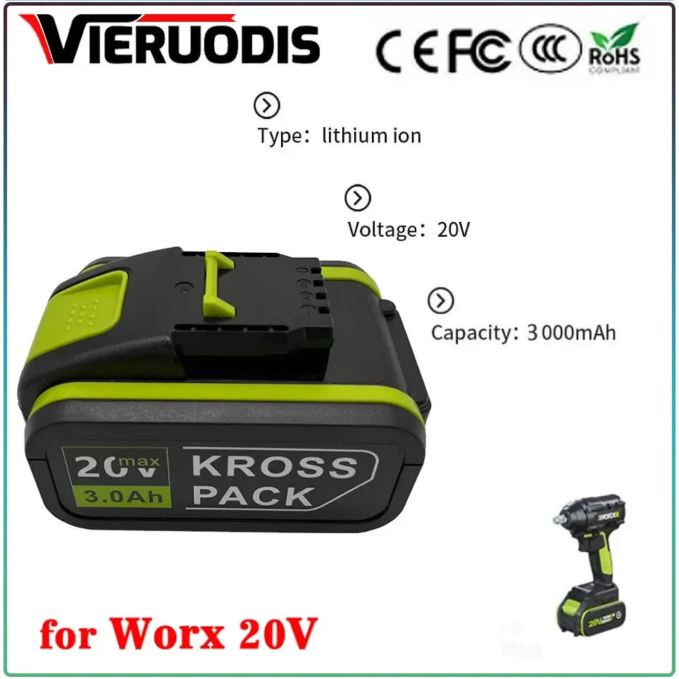 3000mAh For Worx 20V Battery Li-ion Battery WA3553 WA3551 WA3551 WA3572 WA3553 WX390 WA3551 WX176 WX178 WU268 Drill Battery