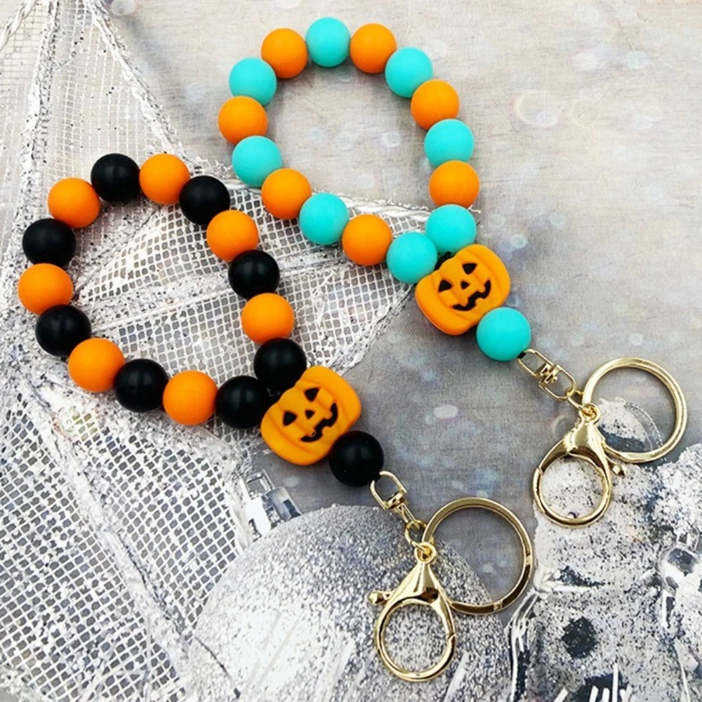 Pumpkin Luminous Ghost Keychain Silicone Anti-Loss Halloween Ghost Pendant Fluorescent Lobster Buckle Beads Keyring Unisex