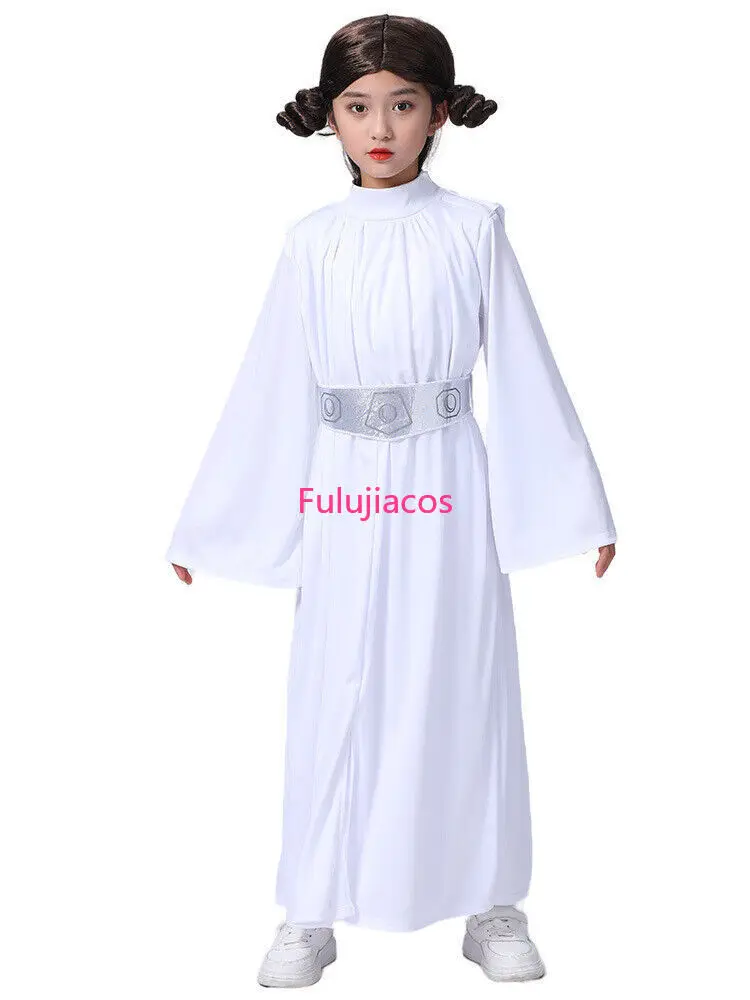 Fulujiacos  Princess Leia Cosplay Costume Girls Clothes White Dress without Wig