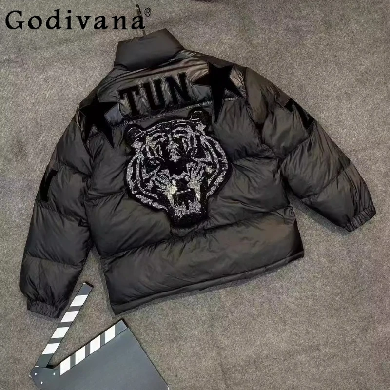 Mode Hübsche Freizeit Vielseitige Lose Hot Diamond Baumwolle gefütterte Jacke Schwarz Herren Stehkragen Warme Langarm Top