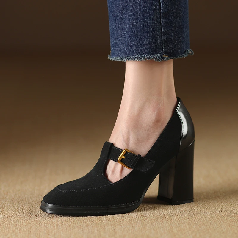

Women Ultra High Heel Pumps Mary Jane Sheepsuede Retro Shoes T- Strap French Style Elegant Shoes Spring Atumn Buckle Pumps