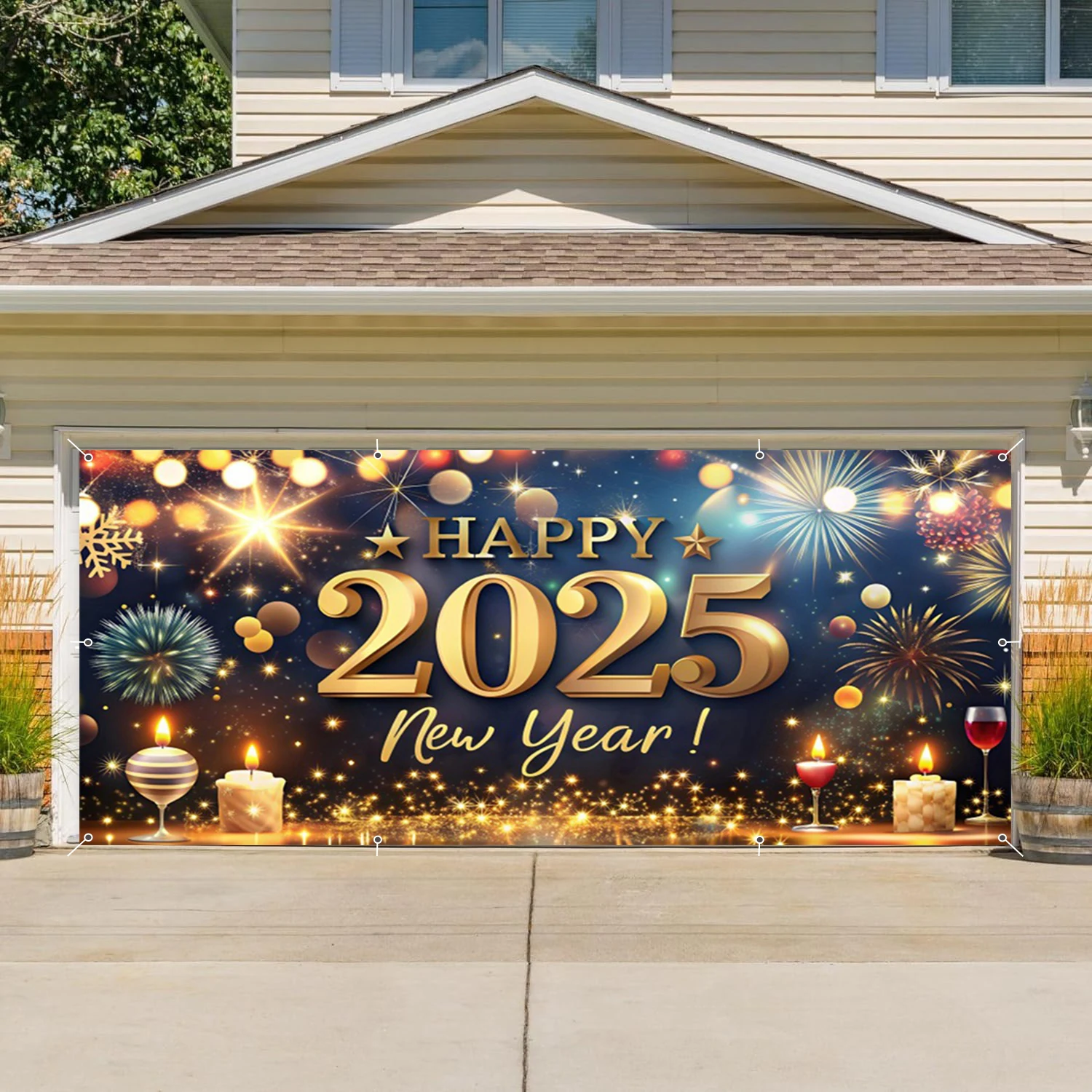 2025 Happy New Year Garage Door Decoration Backdrop Firework Clock Champagne Countdown to New Year Outdoor Background Banner