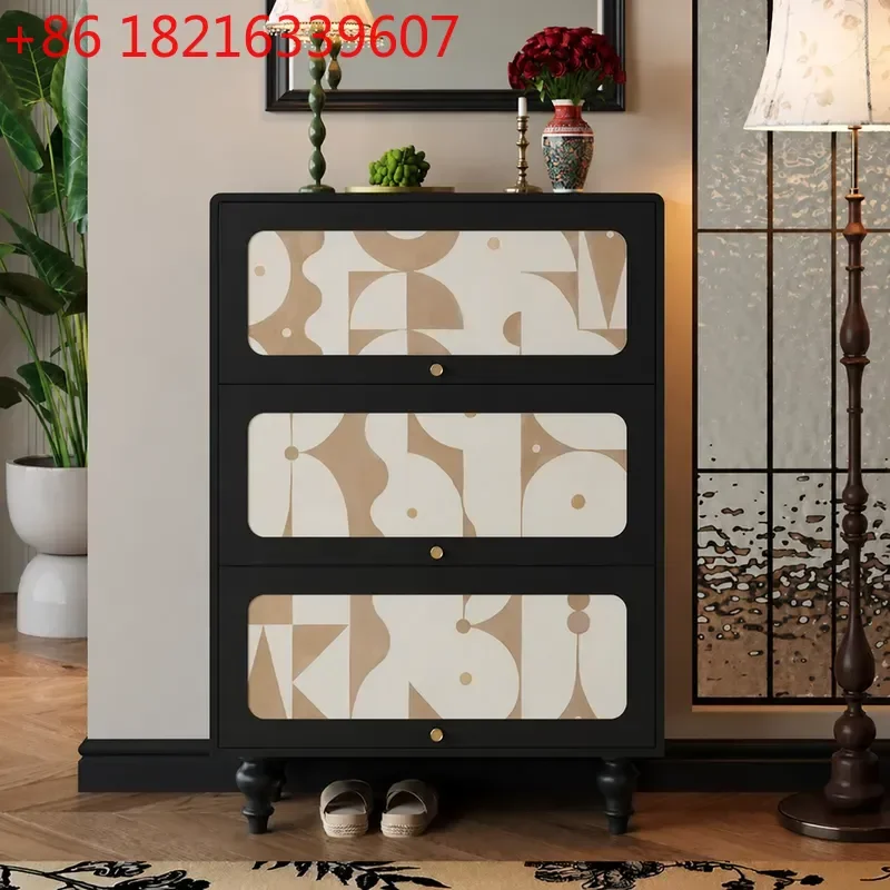 YAORetro Geometric Solid Wood Shoe Cabinet Entryway Storage Locker Living Room Wall Mounted Household Organizer Furniture