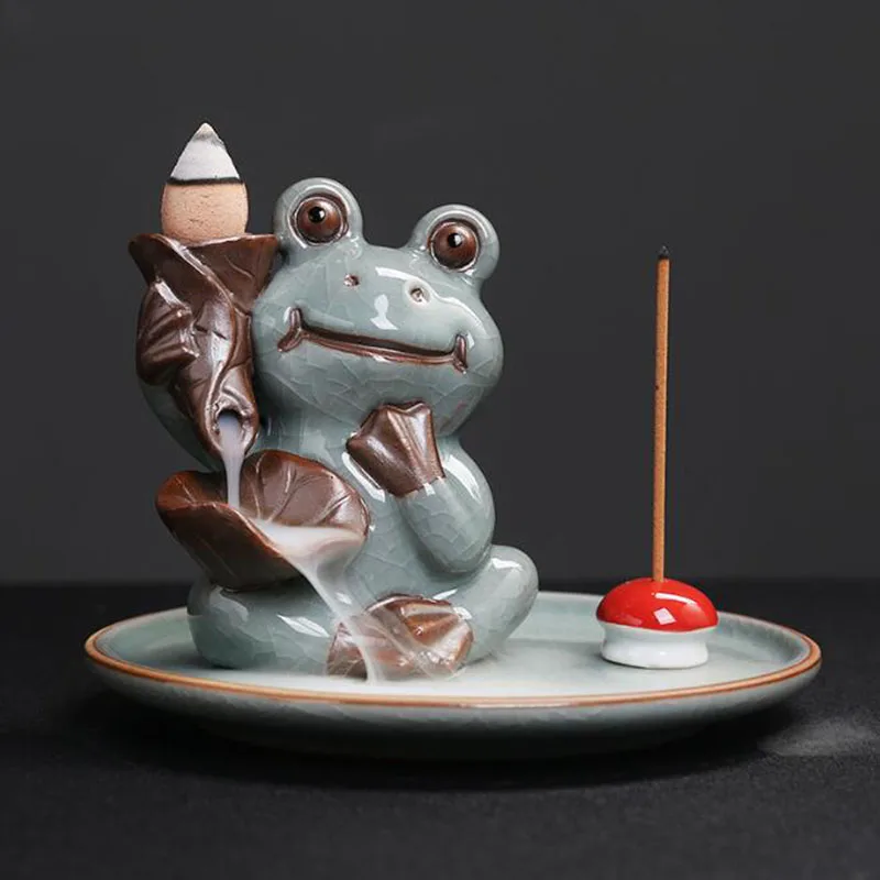 Geyao Ice Crack Frog Incense Holder Stick Incense Base Smoking Backflow Cones Burner Aromatherapy Censer Indoor Home Decor