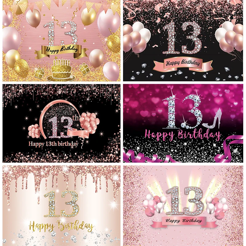 

13th Birthday Banner Customized Backdrop Officially Teenager Girls 13 Years Old Party Decorations Glitter Balloons Background