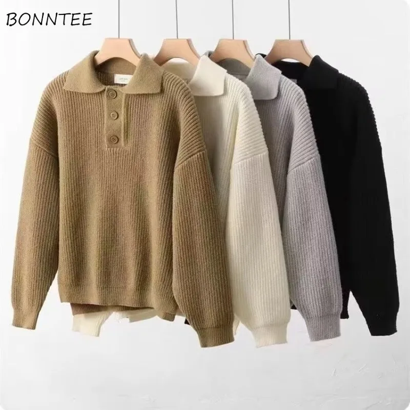

Pullovers Men Baggy Simple Vintage Sweaters Knitted Thicken Fashion Harajuku All-match Lapel Casual Handsome Japanese Style Soft