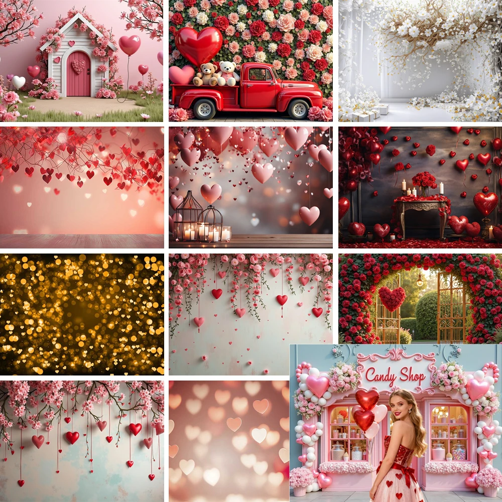 

MOON.QG Valentine's Day Love Garden Backdrop Cottage Door Blossoms Heart Balloon Photography Background Accessories Shooting