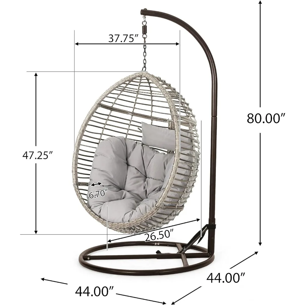 Leasa Outdoor Wicker Hanging Basket Chair With Water Resistant Cushions and Iron Base Grey / Black Swing Outdoor Garden Swings