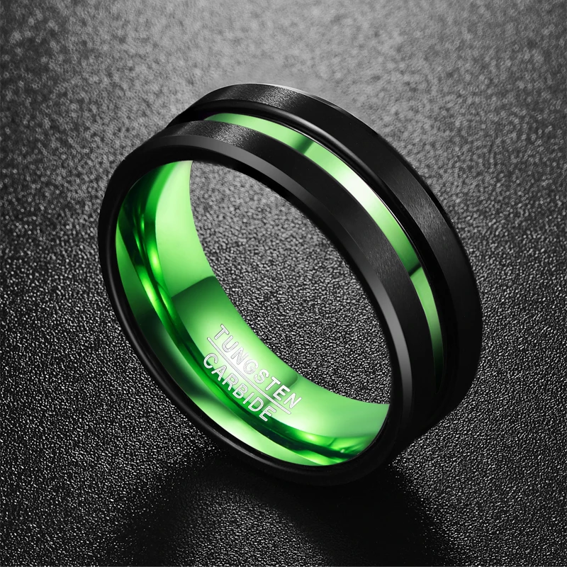 NUNCAD Men\'s Black Matte Finish Tungsten Carbide Ring Green Center Groove Polished Beveled Edges Comfort Fit Size 6-16