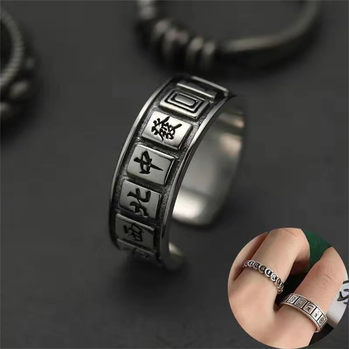 eng Shui Mantra Protection Wealth Ring Vintage Mahjong Finger Ring Amulet Wealth Lucky Opening Adjustable Ring Buddhist Jewelry