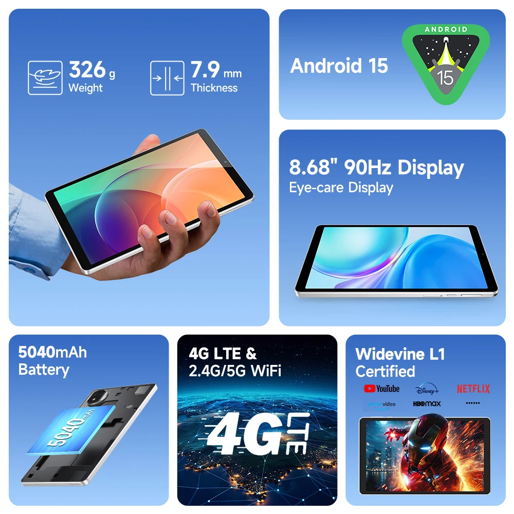 Ulefone Tab A9 Pro Tablet MTK G91 8,68" Hasta 8GB RAM (4+4) 128GB ROM 12MP+13MP Android 15 4G Tablet