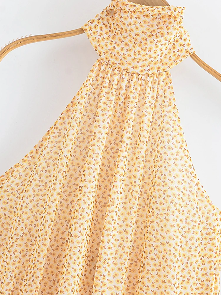 Estilo europeu e americano verão novas roupas femininas moda sexy sem costas em camadas halter pescoço impresso vestido curto