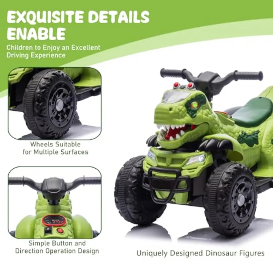 Electric Ride On Dinosaur ATV for Age 312V Electric Car with 4 Wheelers Ride On Toy with Music Bluetooth and LED Lights Birthda