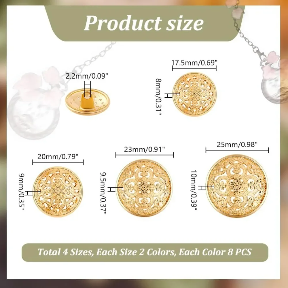 64Pcs Round Metal Shank Button 8 Styles Hollow Flower Coat Buttons Jacket Button 1-Hole Sewing Button Suit Buttons Set, Mixed