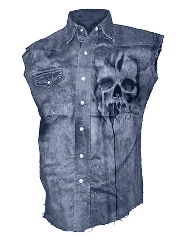 Men Distressed Sleeveless Denim Vest 3D Skull Print Punk Motorcycle Street Shirt