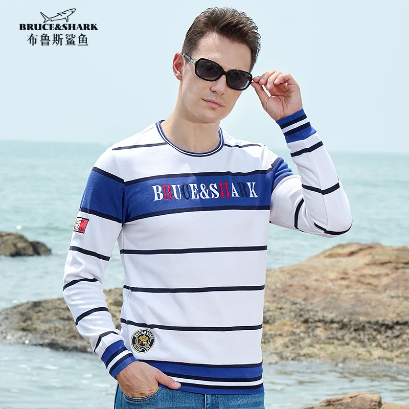 2023 Autumn New Men\'s Stripe T-shirt Men\'s Large Sleeve Bruce&Shark Top quality Men\'s clothing Fashion Casual Loose Big Size 4XL