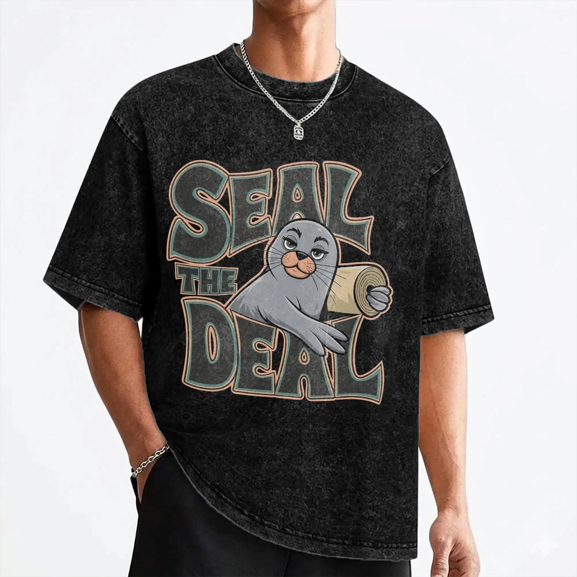 Neil the Seal T Shirts Washed Short Sleeve High Street T-Shirt  Casual for Men Women Streetwear Summer Tees