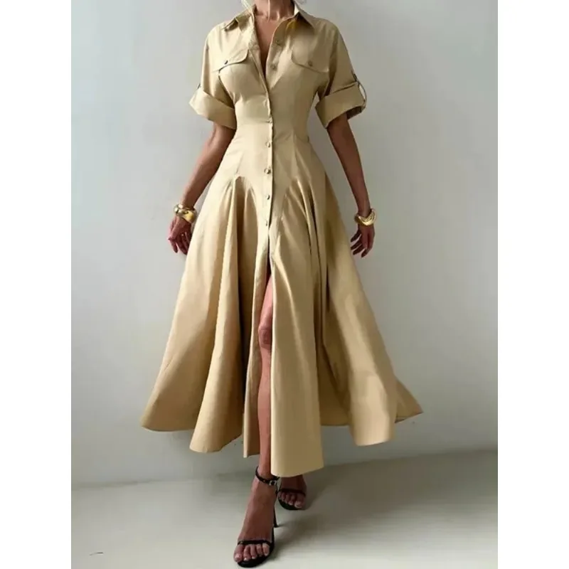 Effen Kleur Shirt Zomerjurk Vrouwen 2026 A-lijn Tlapel Half Mouw Single Breasted Casual Basic Elegante Jurken 181905