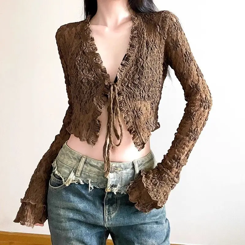 

Texture Lace Splicing Bandage V Neck Cardigan Women Autumn New Long Sleeve Versatile Crop Top Sexy Y2k Aesthetic Shirts
