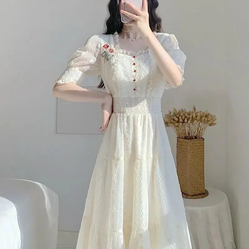 

Lace Embroidery Mid-calf Length Skirts Latest Slim Temperament Coffee Break French Style Retro Niche Fairy Elastic Waist Dresses