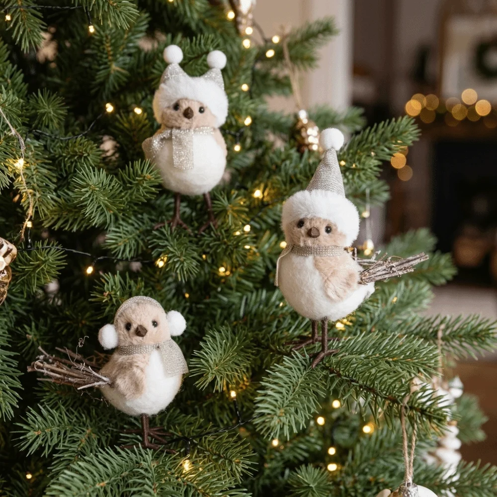 1pc Artificial Foam Christmas Tree Decorations Knitted Hat And Scarf Multicolor Bird Statues Fixed Iron Wires Feet Vesitile