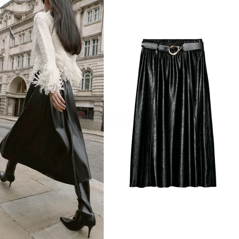 

Autumn Winter Women's Casual Sle A-Line Skirt with Belted Leather Effect Cowl Ne Midi Dr Ci Commute High Waist Polye...