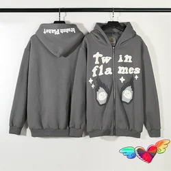 Grey Broken Planet Twin Flames Hoodie Men Women Broken Planet Zip Hoodie Fleece Pullovers Hip Hop Sweatshirts