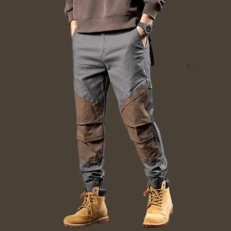 High End American Contrasting Color Patchwork Overalls Men's Thin and Loose Trendy and Casual Cropped Pants Men All-match