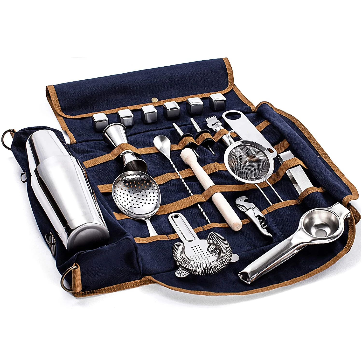 

Wuyi Camol Bartender Kit 22pcs: 800ml+550ml Boston Shaker, Jigger, Tools, Stones & Bag | Mixology Pro Set | Bartender Kit