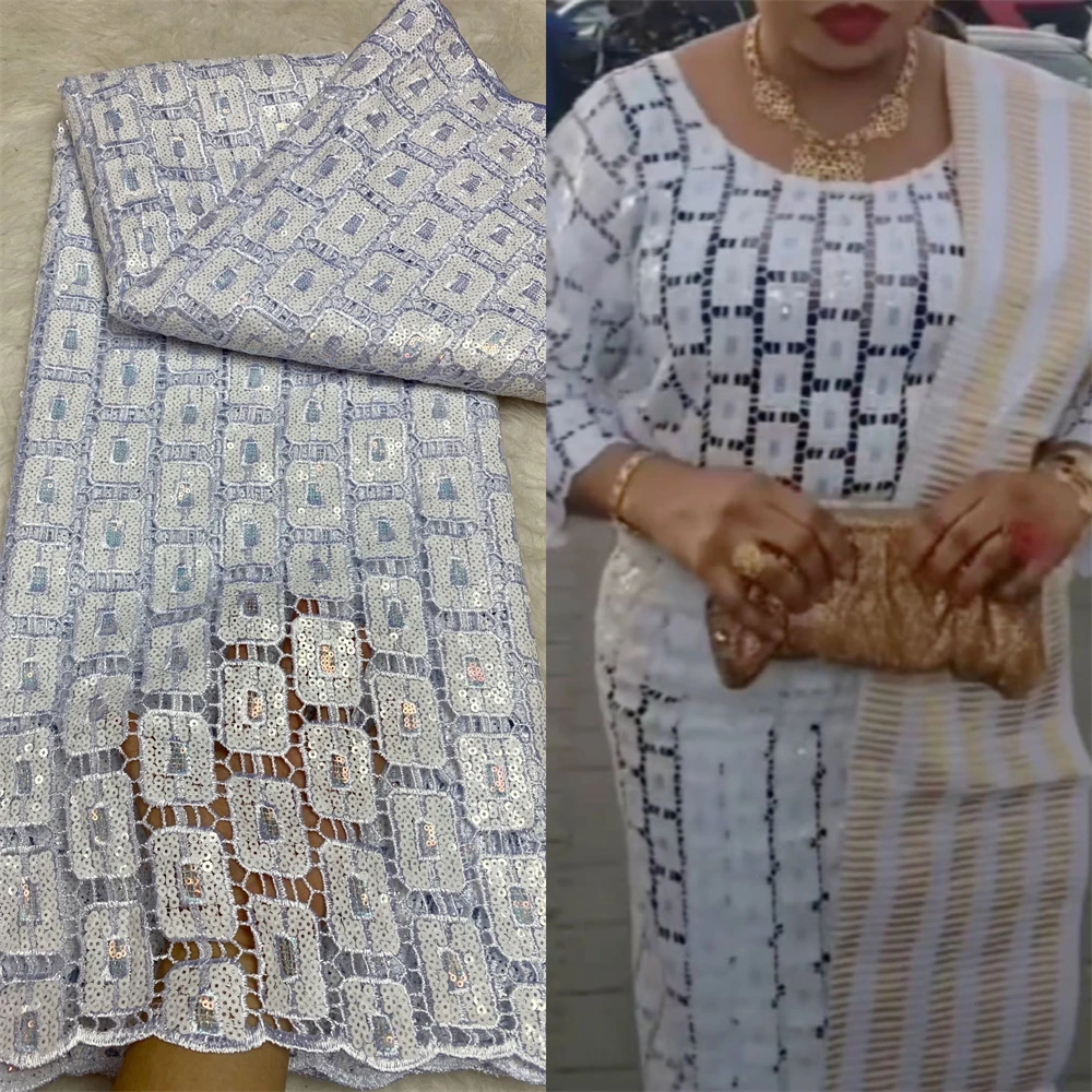 

2025 Latest High Quality African Nigerian With Tulle Sewing Guipure Embroidery Lace Fabric Dresses Sequins 5Yards JH0078
