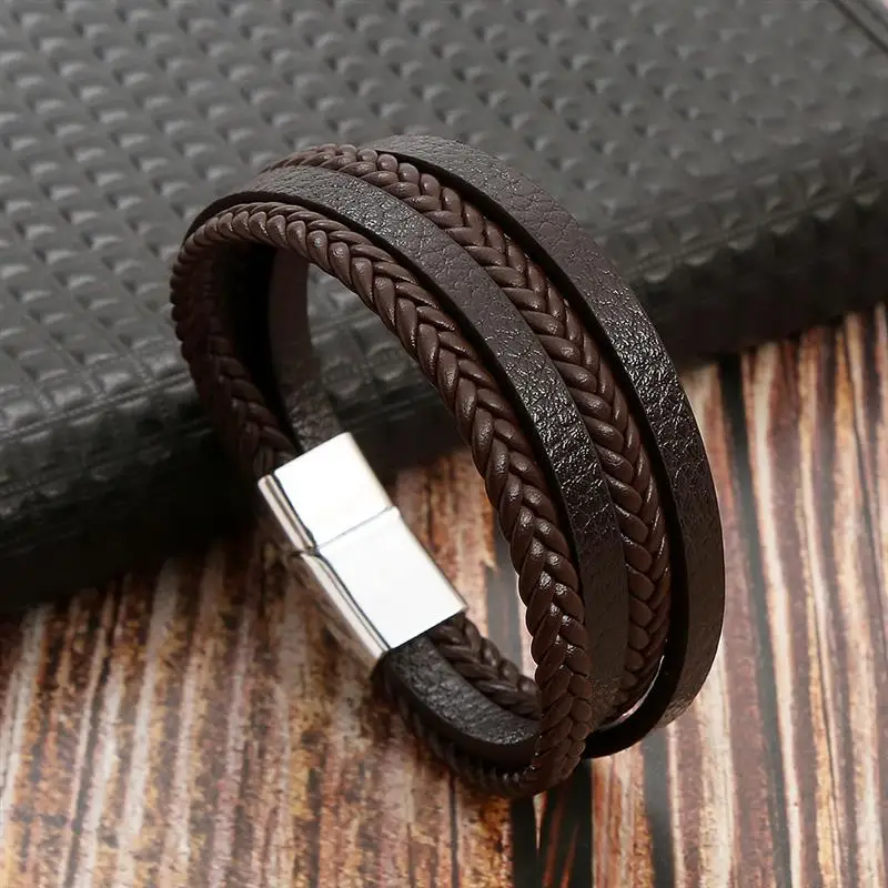 19/21/23Cm Handgeweven Lederen Armband Van Hoge Kwaliteit Meerlagige Tijgeroog Kralen Leren Mannen Armband Punk Armband Voor Mannen Sieraden