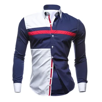 Hommes chemise à manches longues 2024 printemps chemises rayées coupe ajustée mâle décontracté Social Patchwork chemise col rabattu Camisa Masculina
