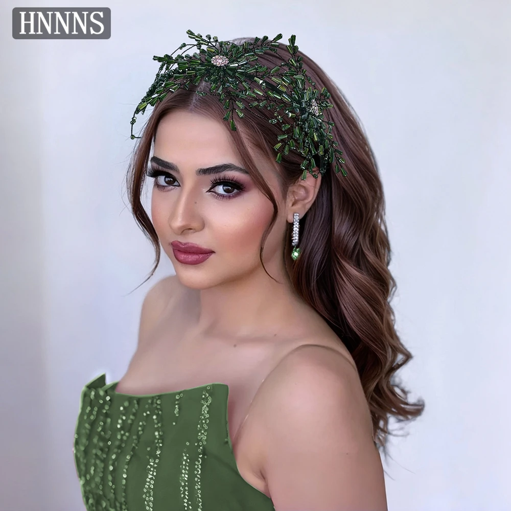 

HNNNS Handmade Beaded Headband Green Crystal Headpiece Unique Design Headdress Beautiful Women's Hair Accessories A343