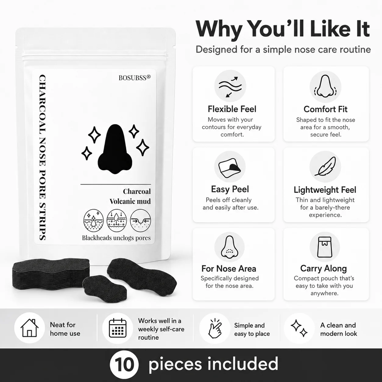 10Pcs Deep Cleansing Blackhead Remover Nose Strips, Shrink Pores Nose Patches Suitable for Men and Women