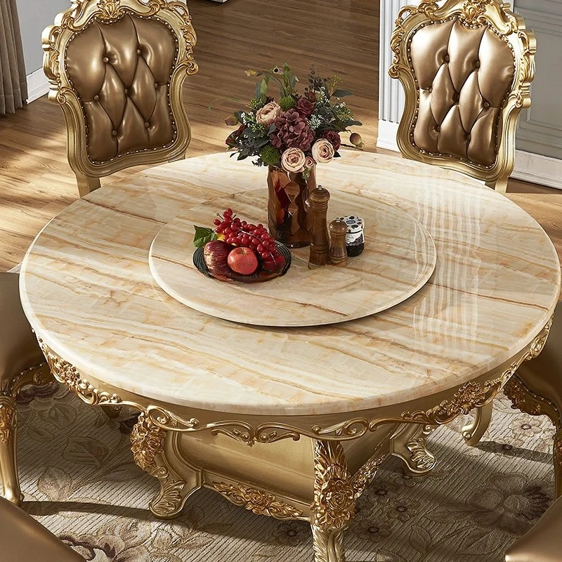 

European style all solid wood marble with turntable champagne gold 2.0 meters 2.2 meters large dining table
