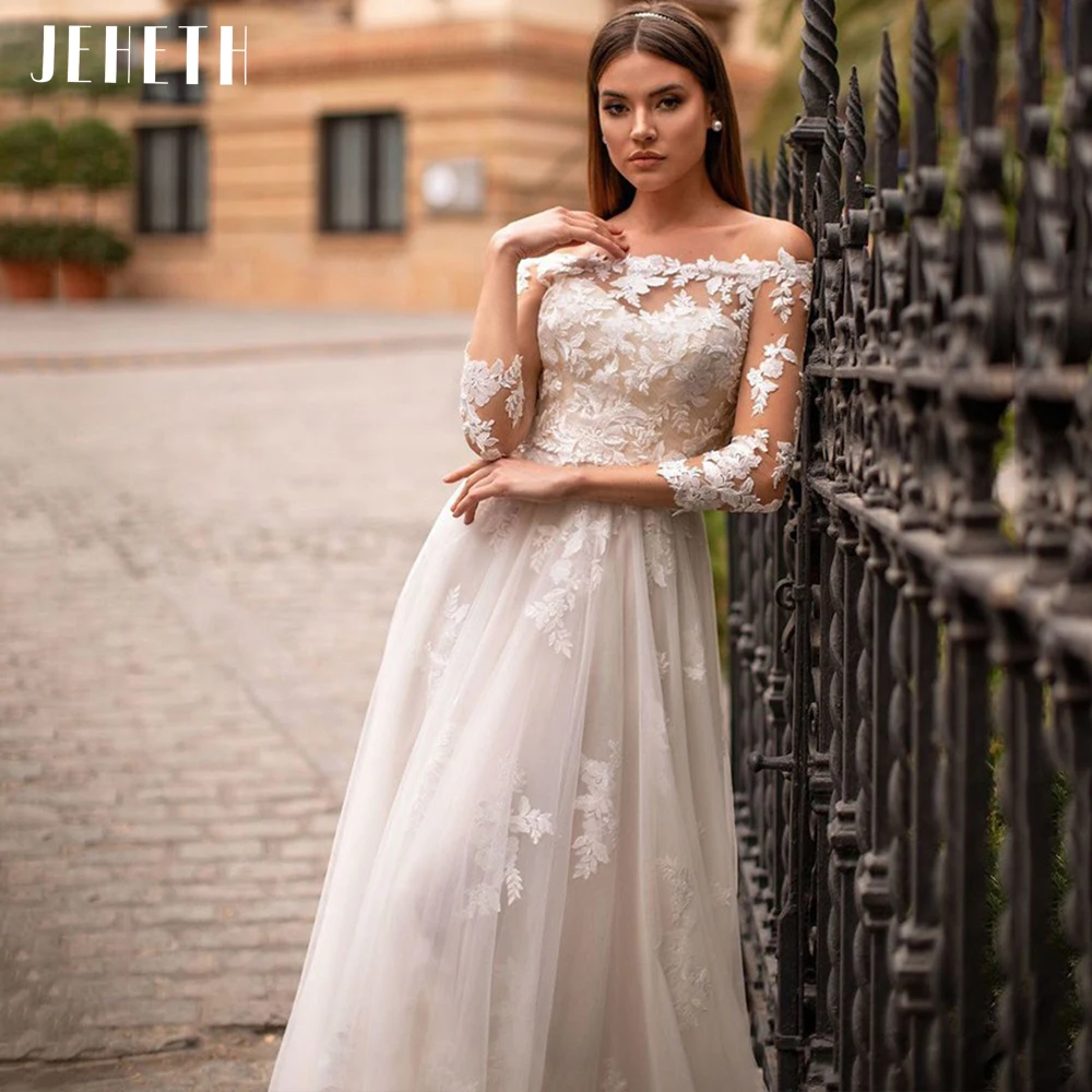 JEHETH Elegant Strapless A-Line ชุดแต่งงาน2022เรือคอ Appliques ลูกไม้ Boho เจ้าสาวชุดแขนยาว Vestido De Novia