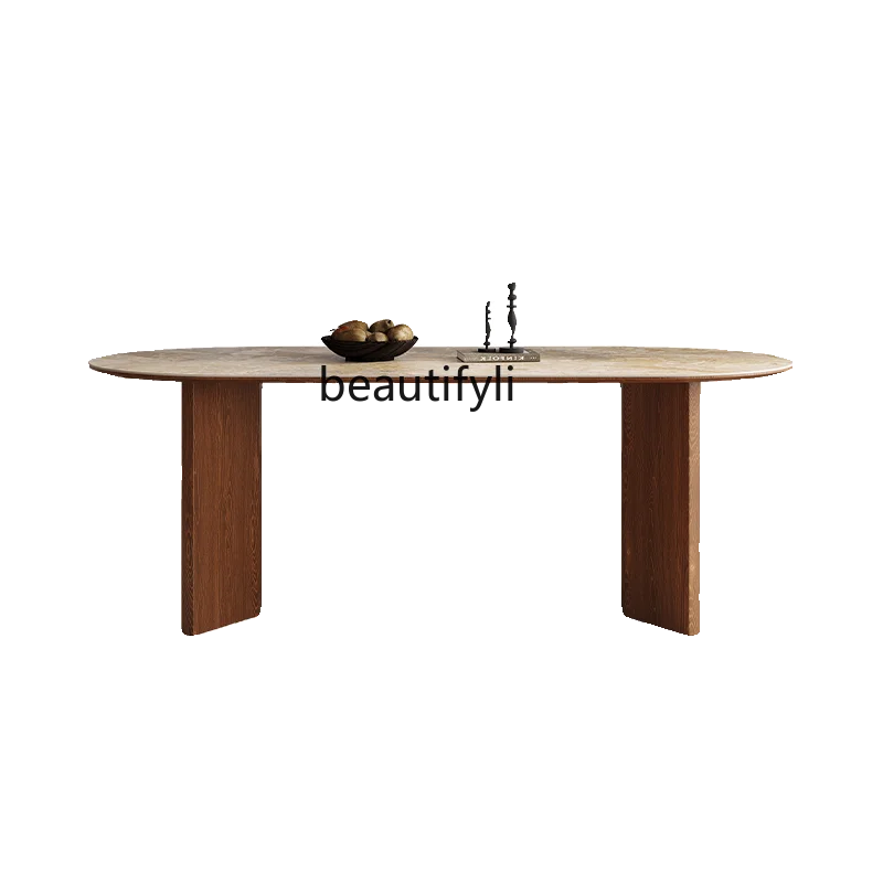 

French retro solid wood rock slab dining table and chair combination simple oval designer dining table