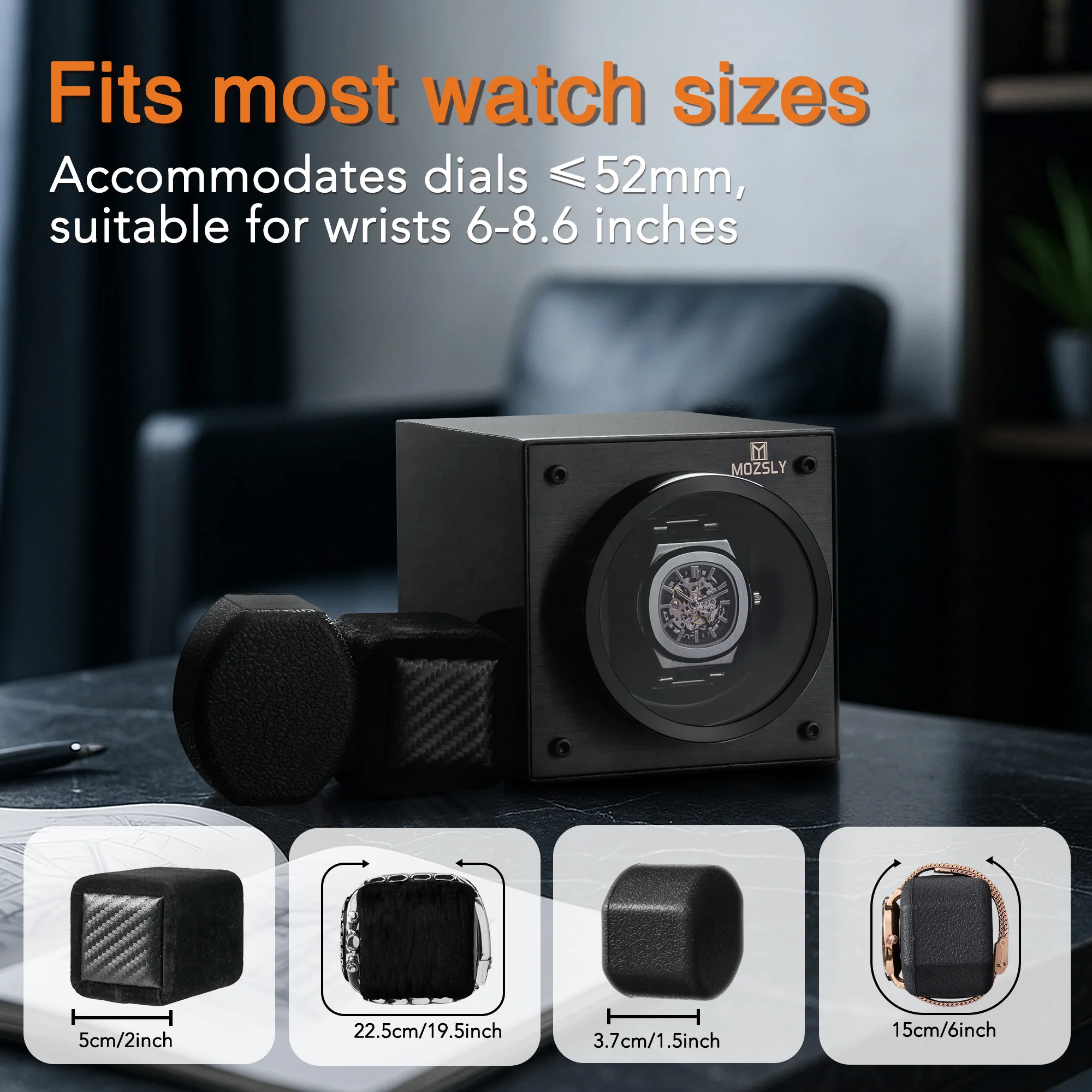 Mozsly Luxury Single Watch Winder, Japanese Quiet Motor 12 Tpd Stackable, Pu Leather Solid/carbon, for Display, Fits Rolex Omega